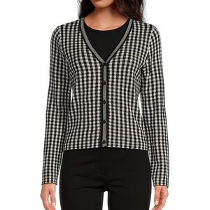 Cece Gingham Jacquard V-Neck Long Sleeve Cardigan Jacket NWT sz Large